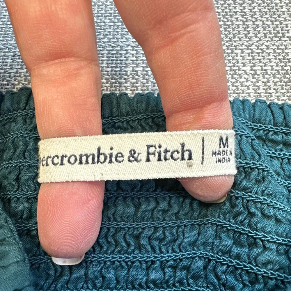 Abercrombie Ruched‎ Milkmaid Puff Sleeve Top Medium Cottagecore Green Smocked